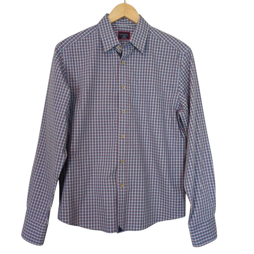 Untuckit Blue Red Check  Wrinkle-Free Long Sleeve Fabiano Shirt Small - Picture 4 of 14